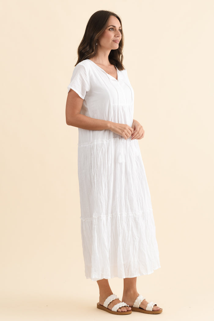Nona White Crinkle Cotton Maxi Dress,Brunette model,alt text|model:MJ