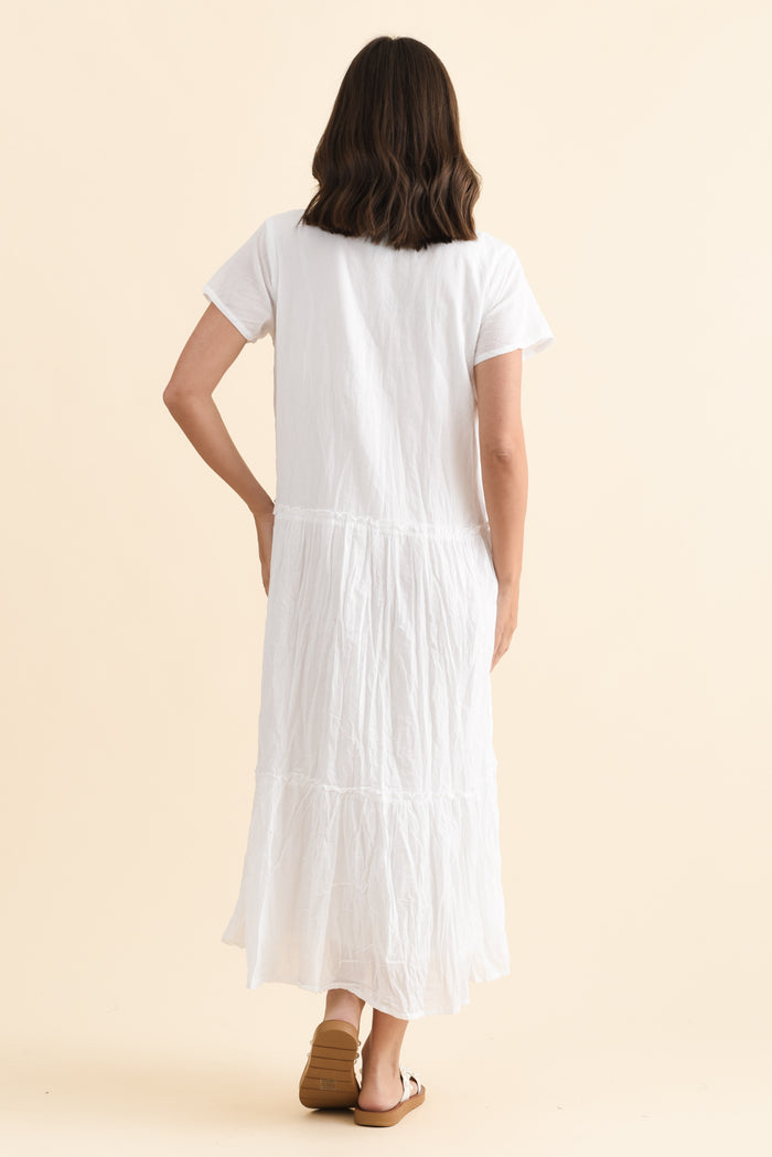 Nona White Crinkle Cotton Maxi Dress,Brunette model,alt text|model:MJ