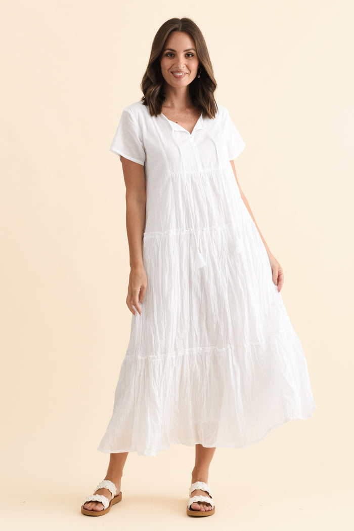 Nona White Crinkle Cotton Maxi Dress,Brunette model,alt text|model:MJ