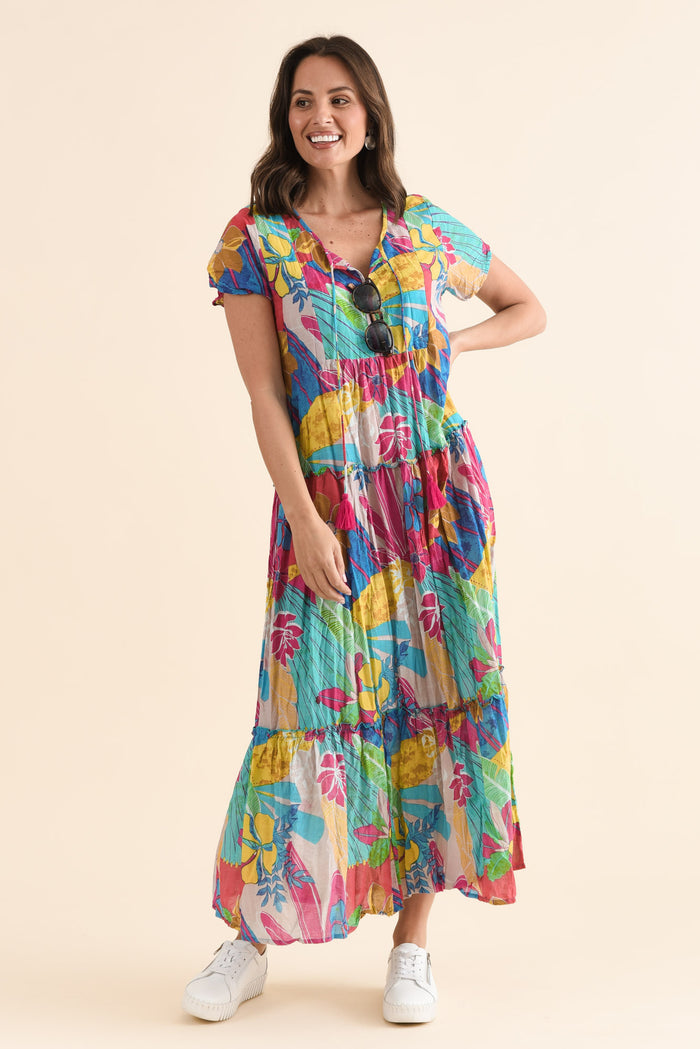 Nona Yellow Blossom Crinkle Cotton Maxi Dress,Front,Brunette model,alt text|model:MJ