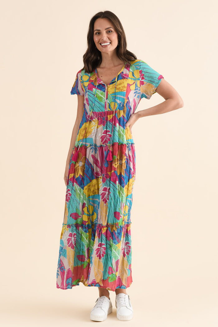 Nona Yellow Blossom Crinkle Cotton Maxi Dress,Full Body,Brunette model,alt text|model:MJ