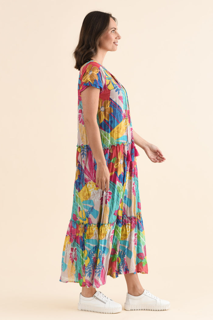Nona Yellow Blossom Crinkle Cotton Maxi Dress,Side,Brunette model,alt text|model:MJ