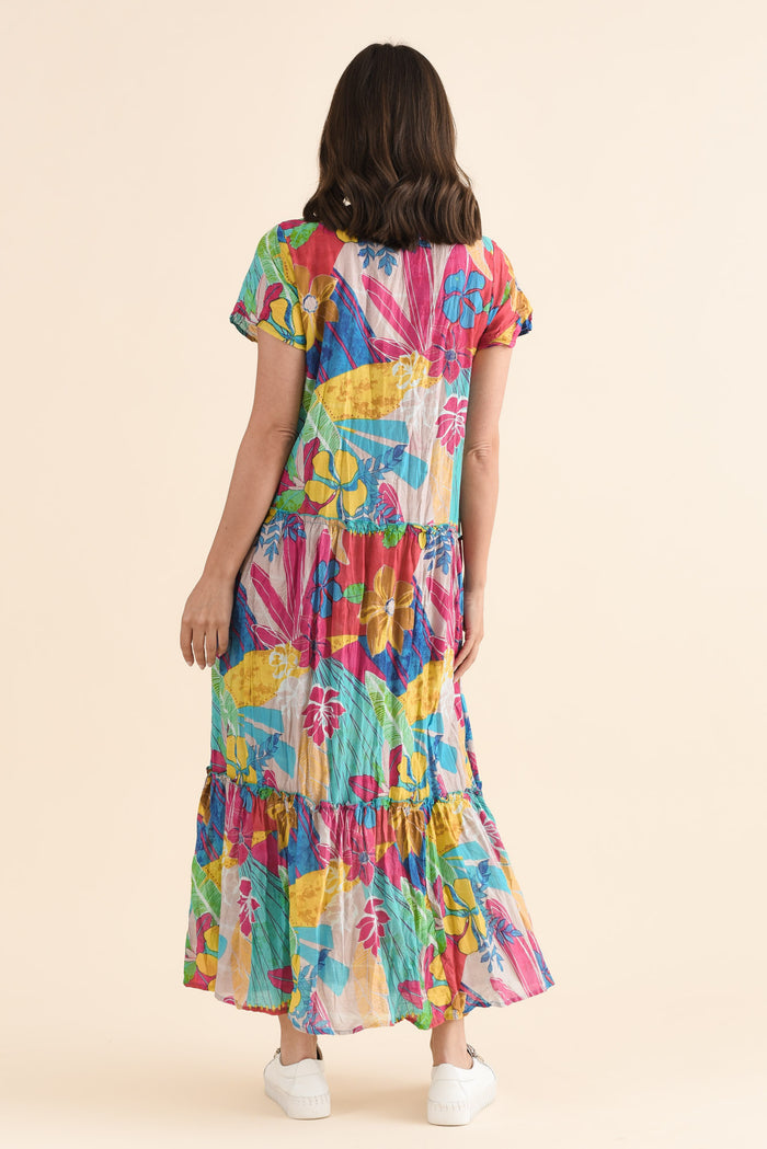 Nona Yellow Blossom Crinkle Cotton Maxi Dress,Back,Brunette model,alt text|model:MJ