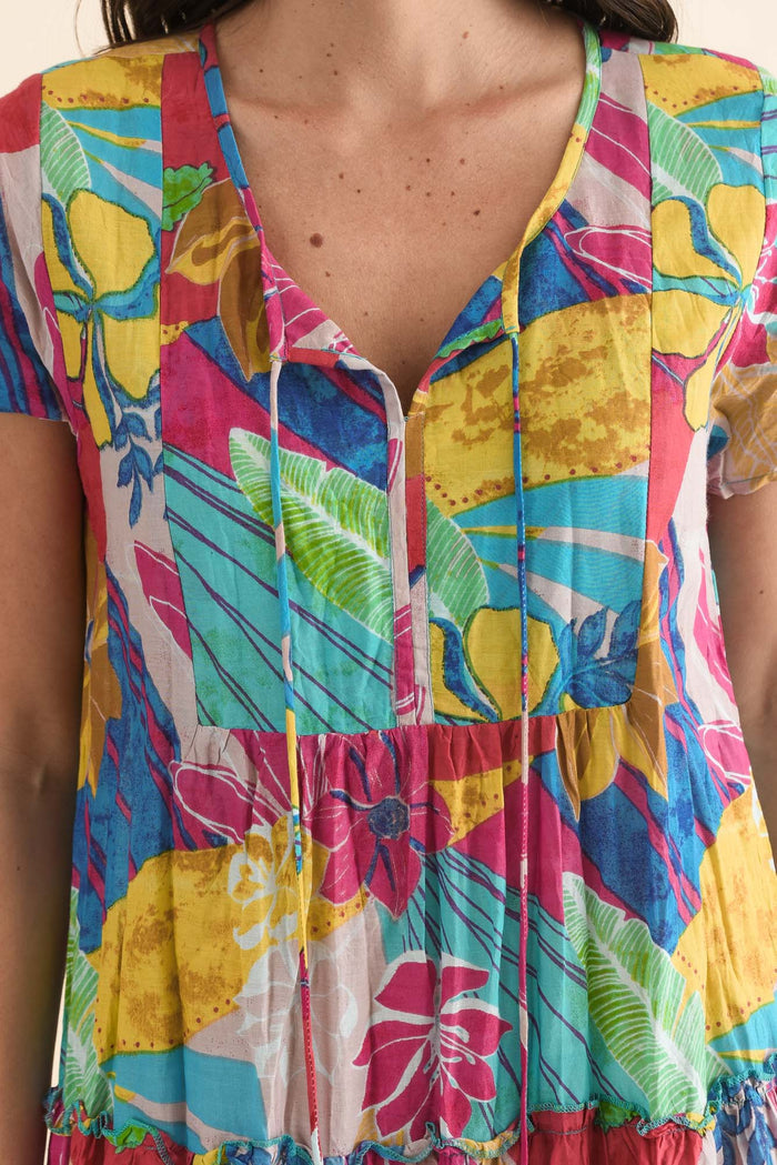 Nona Yellow Blossom Crinkle Cotton Maxi Dress,Detail,Brunette model,alt text|model:MJ