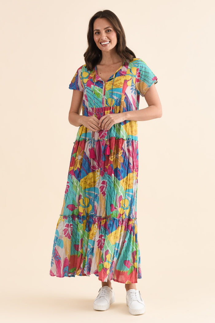 Nona Yellow Blossom Crinkle Cotton Maxi Dress,Full Body,Brunette model,alt text|model:MJ