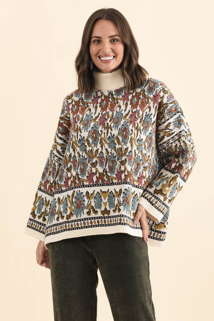 Nordin Cream Motif Knit Jumper,Brunette model,alt text|model:MJ