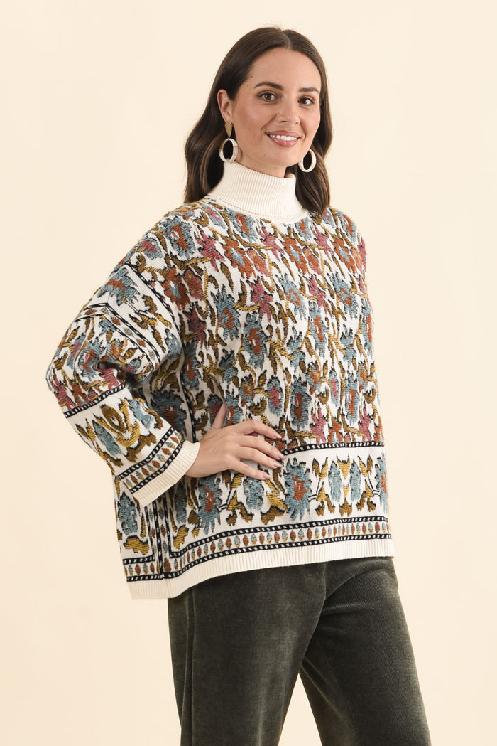 Nordin Cream Motif Knit Jumper,Brunette model,alt text|model:MJ