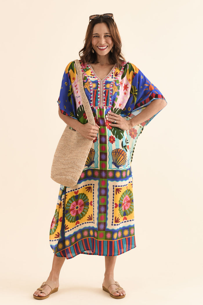 Normie Blue Seaside Kaftan,Front,Brunette model,alt text|model:Cara