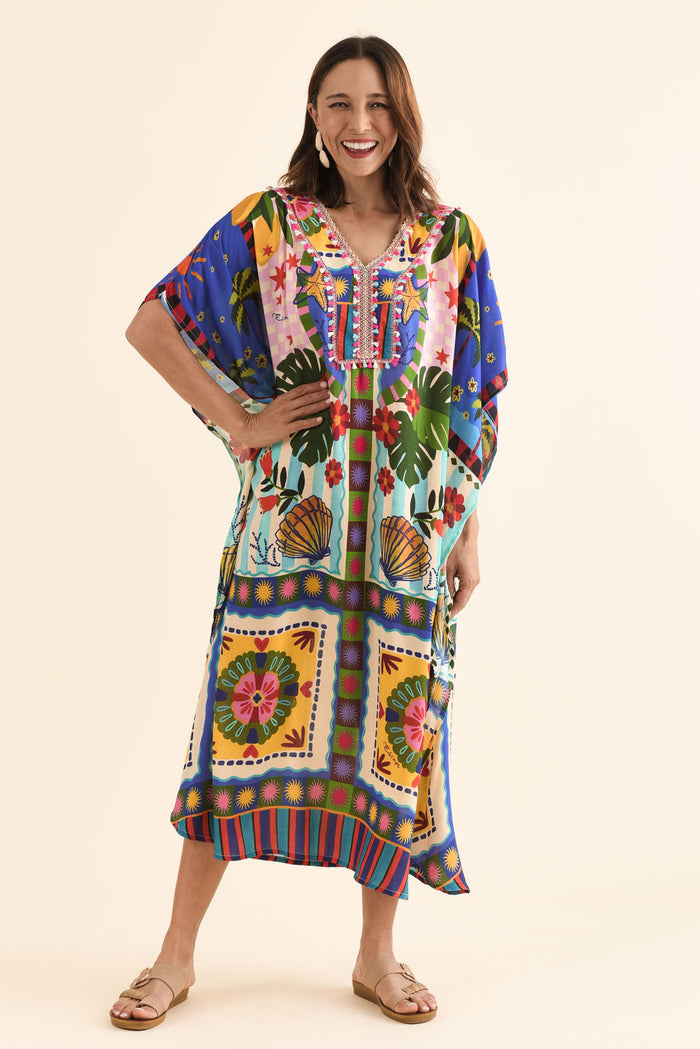 Normie Blue Seaside Kaftan,Full Body,Brunette model,alt text|model:Cara