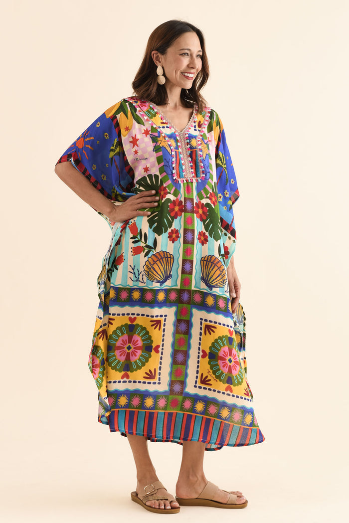 Normie Blue Seaside Kaftan,Side,Brunette model,alt text|model:Cara