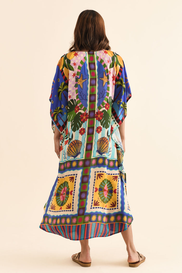 Normie Blue Seaside Kaftan,Back,Brunette model,alt text|model:Cara