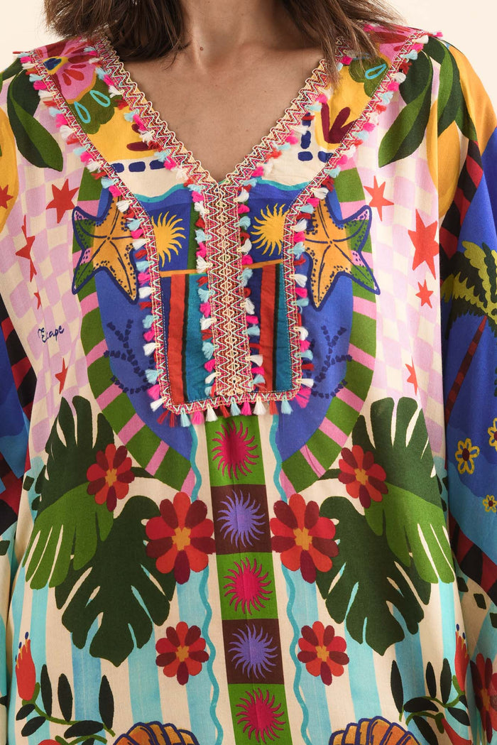 Normie Blue Seaside Kaftan,Detail,Brunette model,alt text|model:Cara