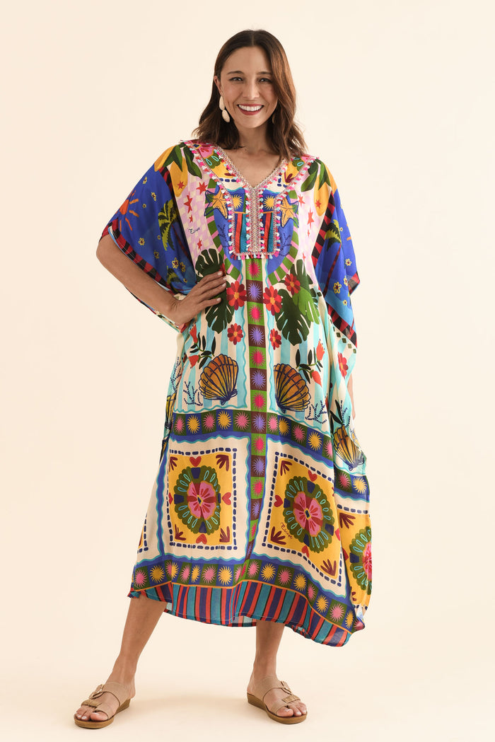 Normie Blue Seaside Kaftan,Full Body,Brunette model,alt text|model:Cara