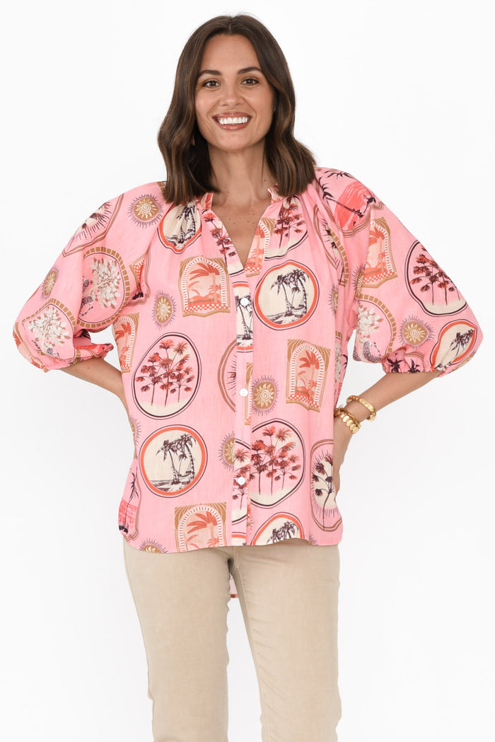 Nyssa Pink Tropical Linen Blend Shirt,Brunette model,alt text|model:MJ