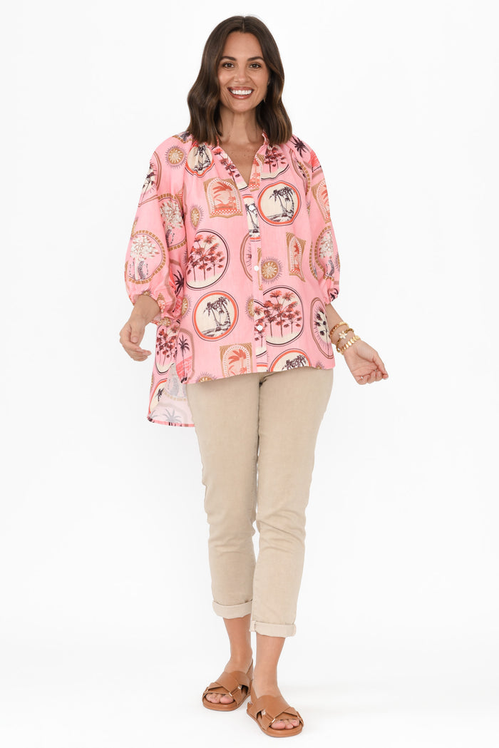 Nyssa Pink Tropical Linen Blend Shirt,Brunette model,alt text|model:MJ