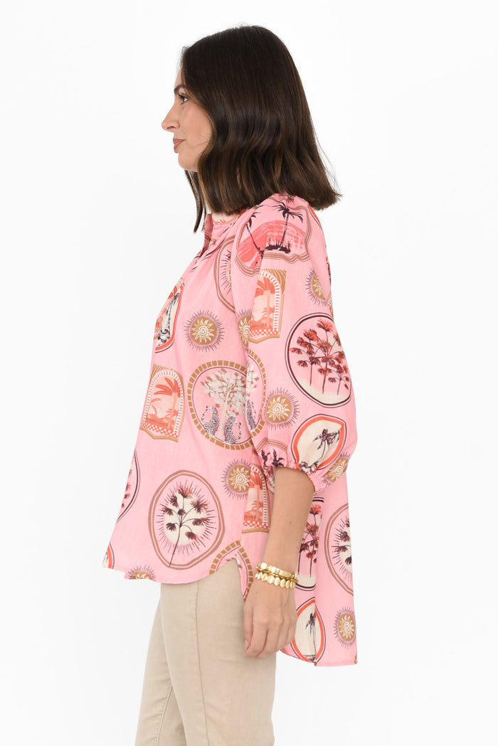 Nyssa Pink Tropical Linen Blend Shirt,Brunette model,alt text|model:MJ