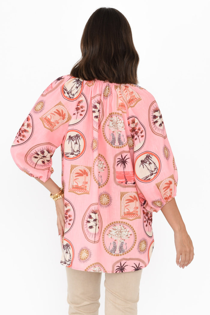 Nyssa Pink Tropical Linen Blend Shirt,Brunette model,alt text|model:MJ