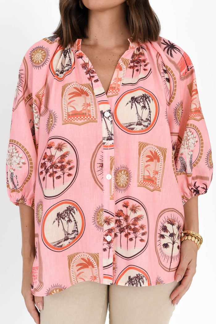 Nyssa Pink Tropical Linen Blend Shirt,Brunette model,alt text|model:MJ