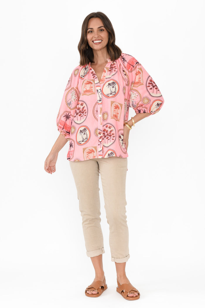 Nyssa Pink Tropical Linen Blend Shirt,Brunette model,alt text|model:MJ