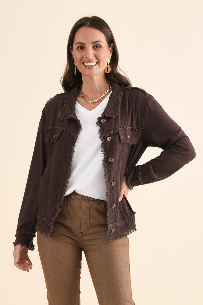 Oakley Chocolate Linen Frayed Jacket,Front,Brunette model,alt text|model:MJ