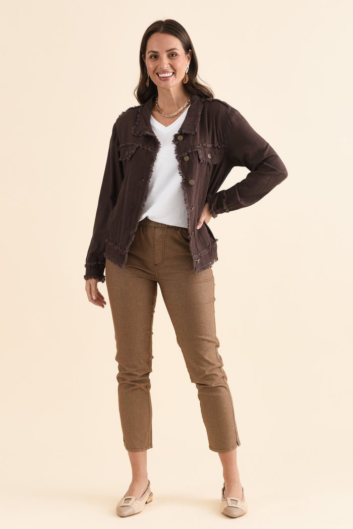 Oakley Chocolate Linen Frayed Jacket,Full Body,Brunette model,alt text|model:MJ