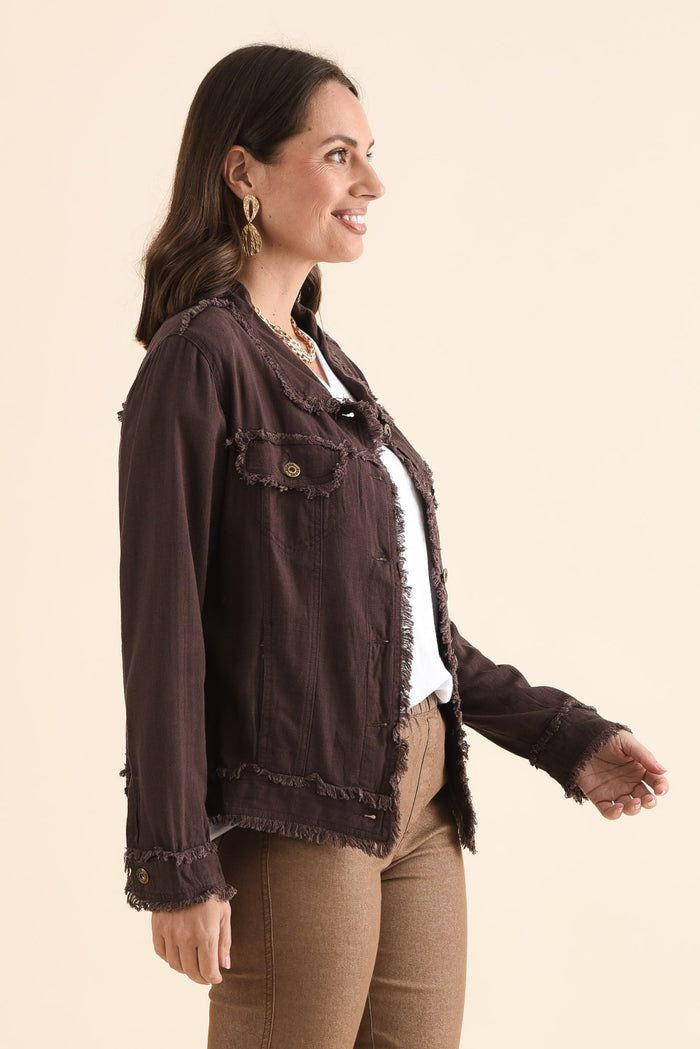 Oakley Chocolate Linen Frayed Jacket,Side,Brunette model,alt text|model:MJ