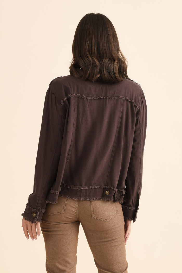 Oakley Chocolate Linen Frayed Jacket,Back,Brunette model,alt text|model:MJ