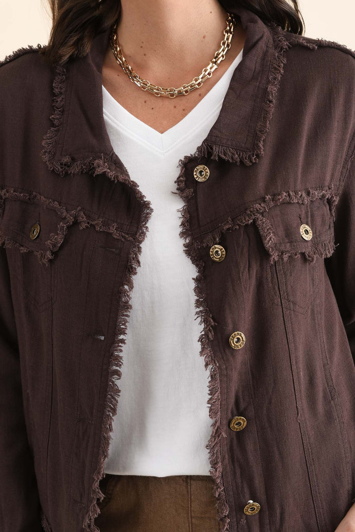 Oakley Chocolate Linen Frayed Jacket,Detail,Brunette model,alt text|model:MJ