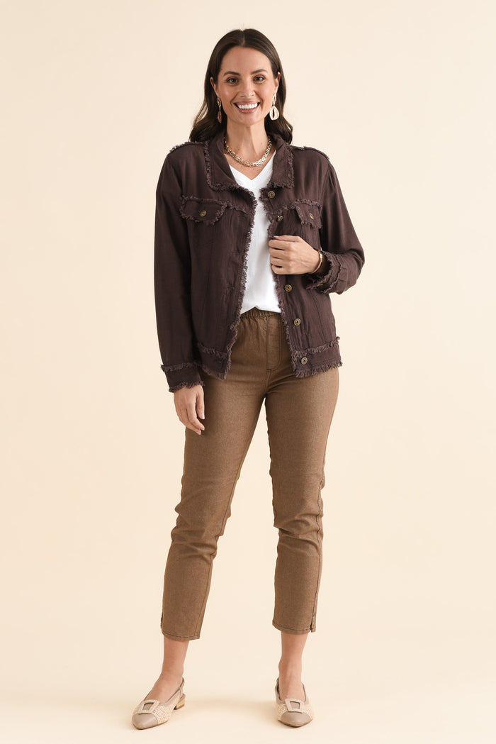 Oakley Chocolate Linen Frayed Jacket,Full Body,Brunette model,alt text|model:MJ