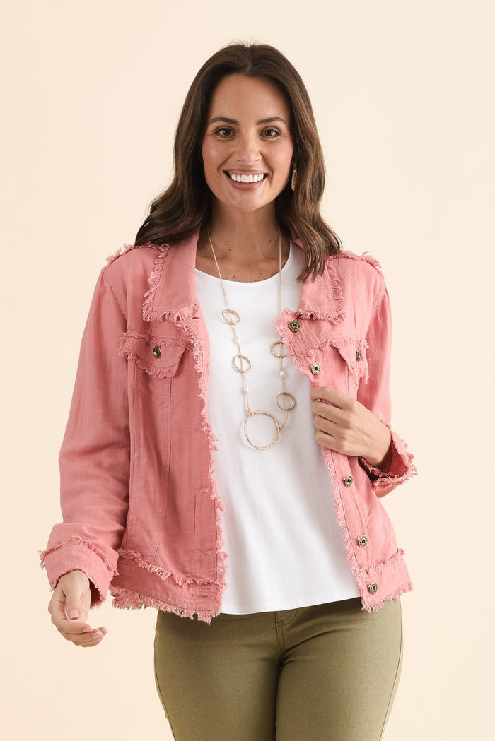 Oakley Pink Linen Frayed Jacket,Front,Brunette model,alt text|model:MJ