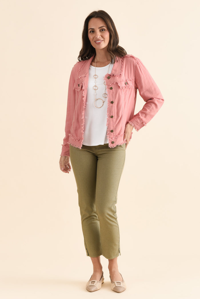 Oakley Pink Linen Frayed Jacket,Full Body,Brunette model,alt text|model:MJ