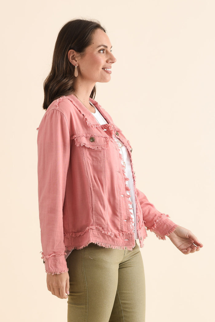 Oakley Pink Linen Frayed Jacket,Side,Brunette model,alt text|model:MJ