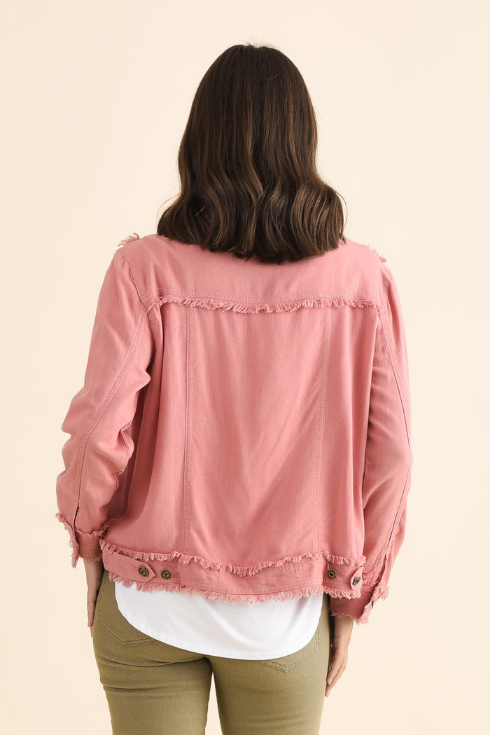 Oakley Pink Linen Frayed Jacket,Back,Brunette model,alt text|model:MJ