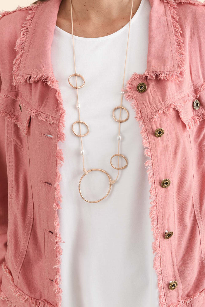 Oakley Pink Linen Frayed Jacket,Detail,Brunette model,alt text|model:MJ
