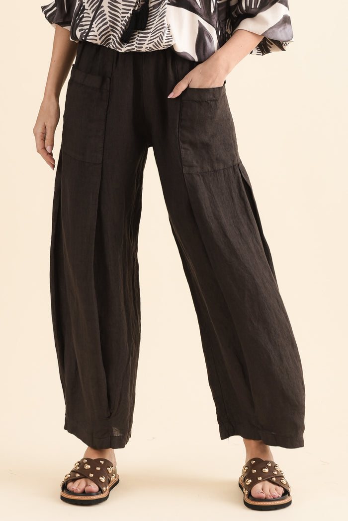 Ona Chocolate Linen Barrel Pants,Front,Brunette model,alt text|model:MJ