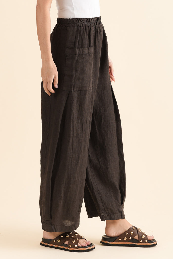 Ona Chocolate Linen Barrel Pants,Side,Brunette model,alt text|model:MJ