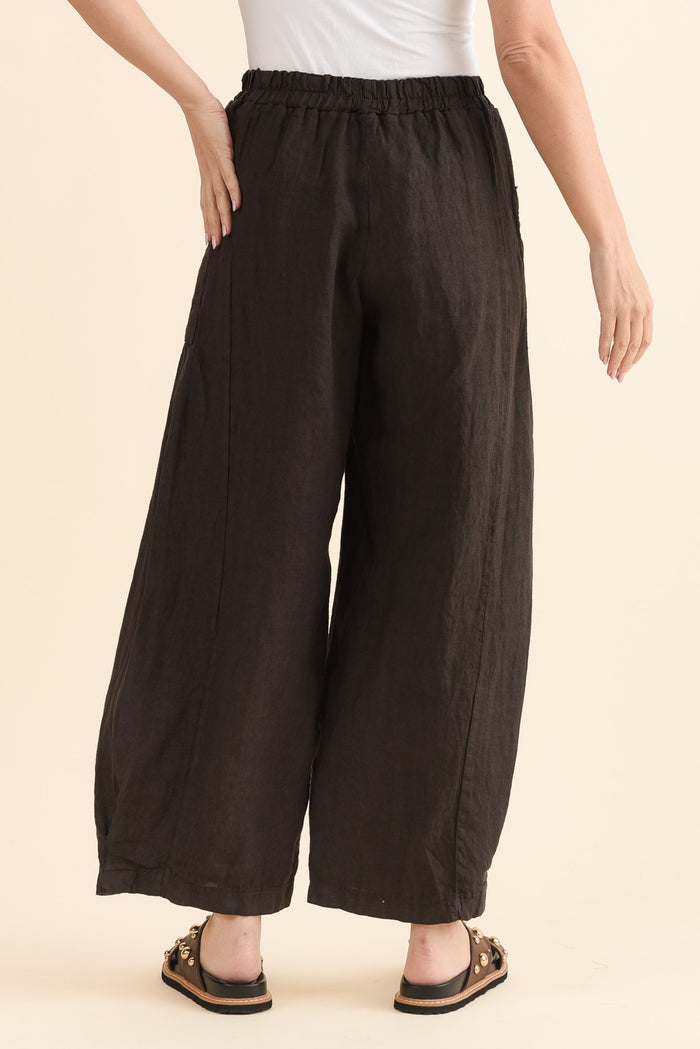 Ona Chocolate Linen Barrel Pants,Back,Brunette model,alt text|model:MJ