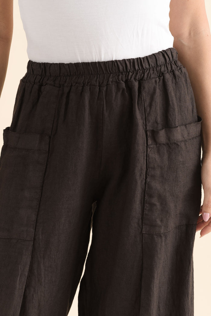 Ona Chocolate Linen Barrel Pants,Detail,Brunette model,alt text|model:MJ