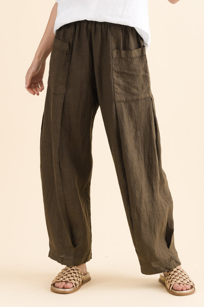 Ona Khaki Linen Barrel Pants,Front,Brunette model,alt text|model:MJ