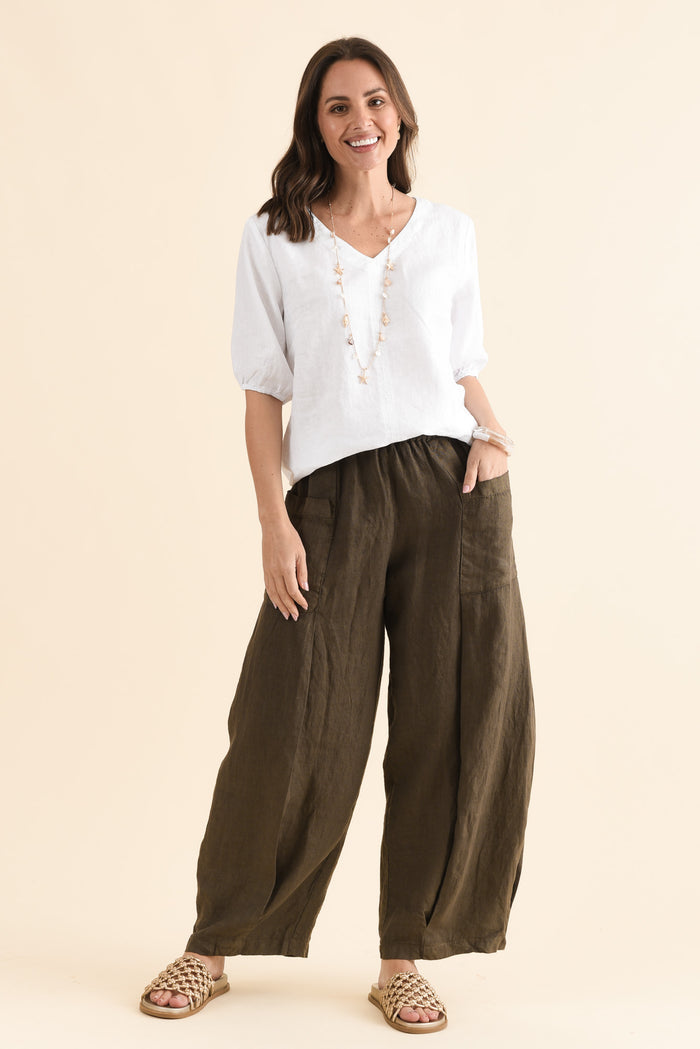 Ona Khaki Linen Barrel Pants,Full Body,Brunette model,alt text|model:MJ
