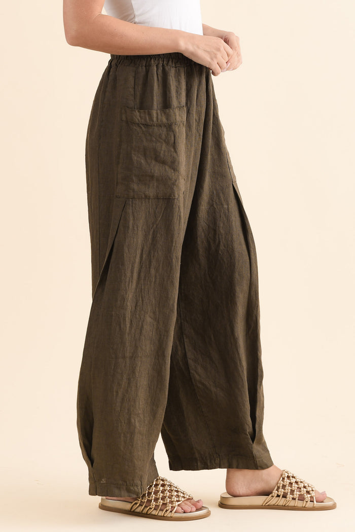 Ona Khaki Linen Barrel Pants,Side,Brunette model,alt text|model:MJ