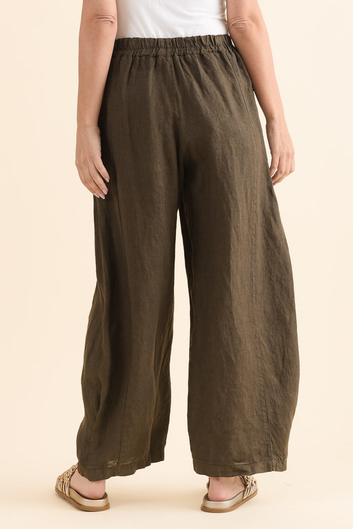 Ona Khaki Linen Barrel Pants,Back,Brunette model,alt text|model:MJ
