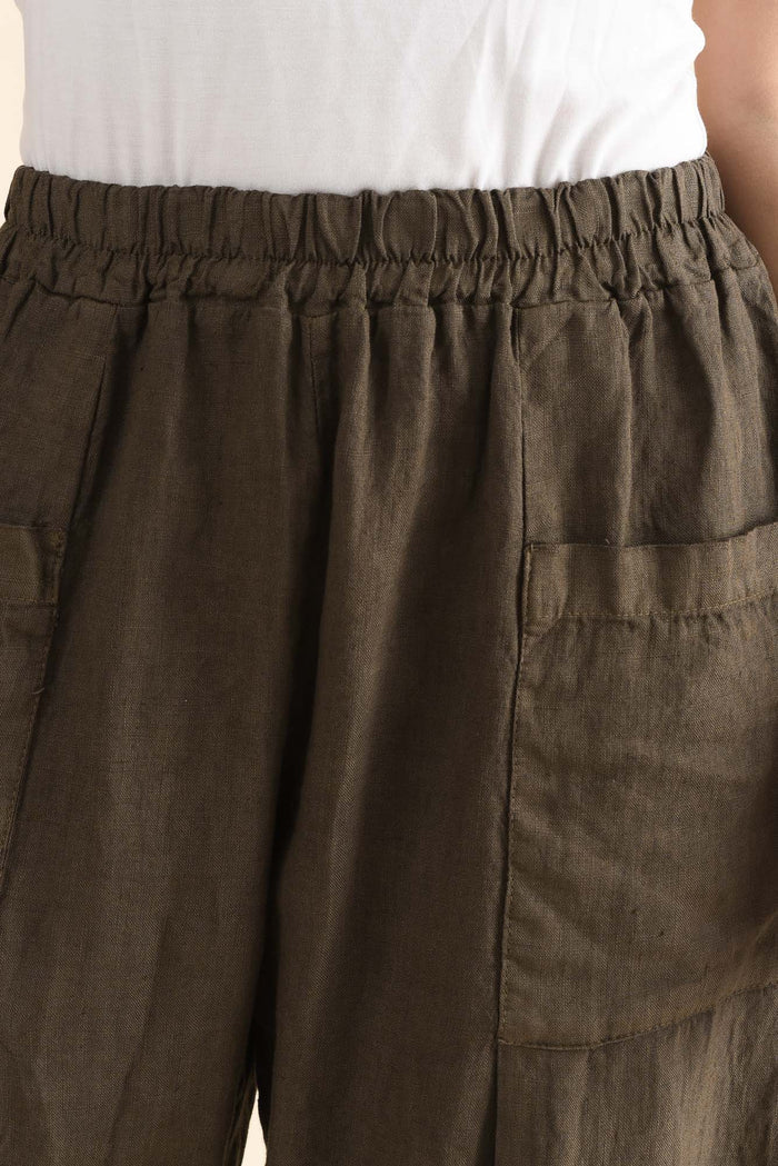 Ona Khaki Linen Barrel Pants,Detail,Brunette model,alt text|model:MJ