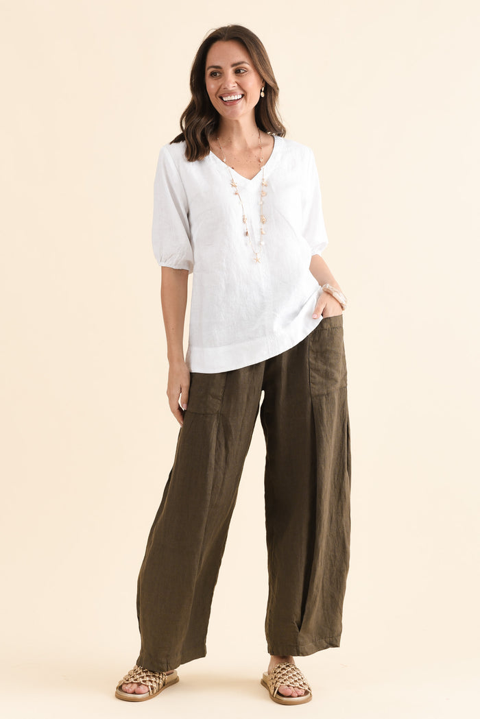 Ona Khaki Linen Barrel Pants,Full Body,Brunette model,alt text|model:MJ