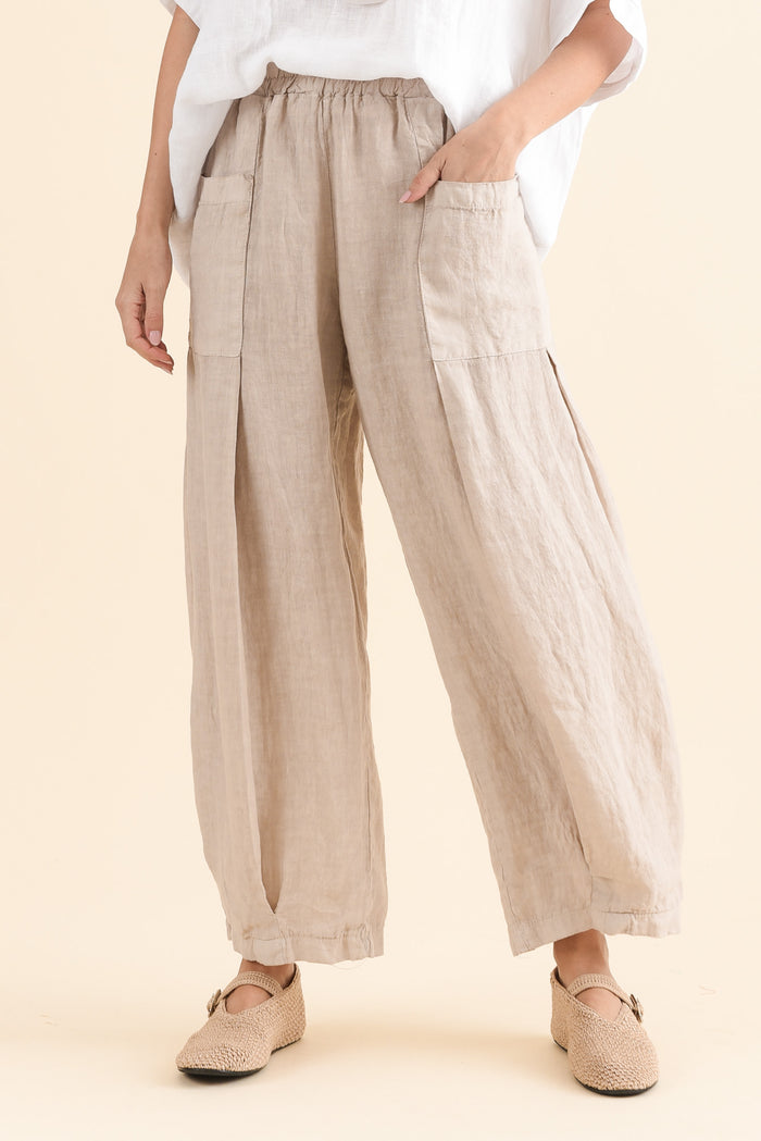 Ona Natural Linen Barrel Pants,Front,Brunette model,alt text|model:MJ