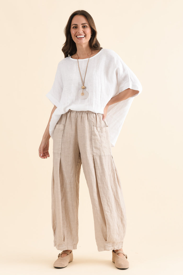 Ona Natural Linen Barrel Pants,Full Body,Brunette model,alt text|model:MJ