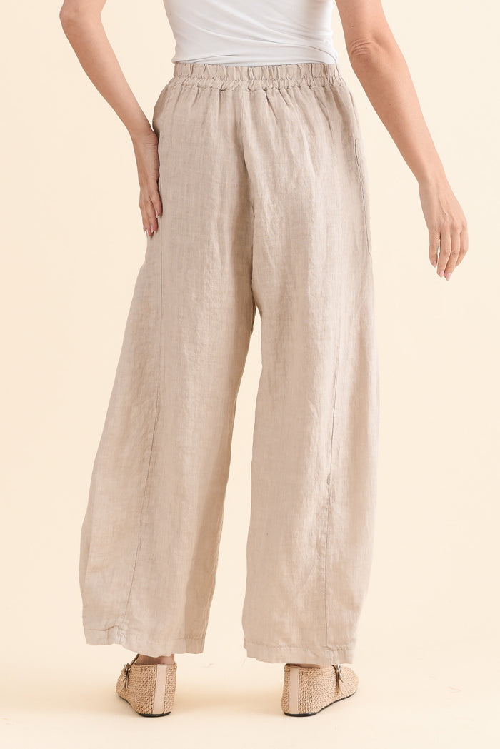 Ona Natural Linen Barrel Pants,Back,Brunette model,alt text|model:MJ