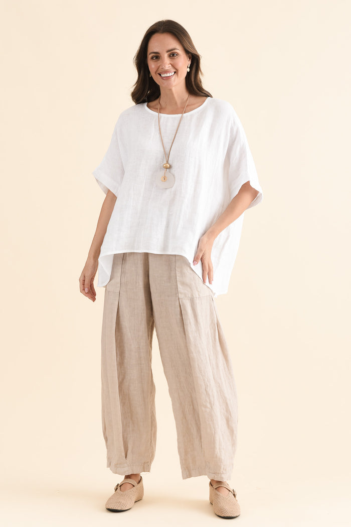 Ona Natural Linen Barrel Pants,Full Body,Brunette model,alt text|model:MJ