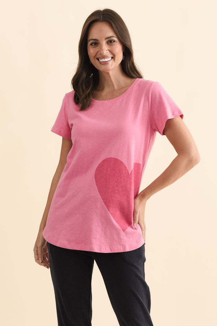 One Heart Blush Pink Cotton Tee,Brunette model,alt text|model:MJ
