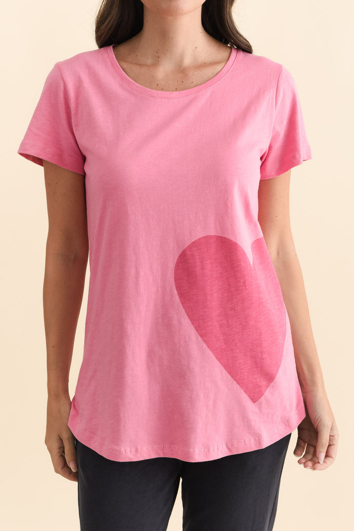 One Heart Blush Pink Cotton Tee,Brunette model,alt text|model:MJ